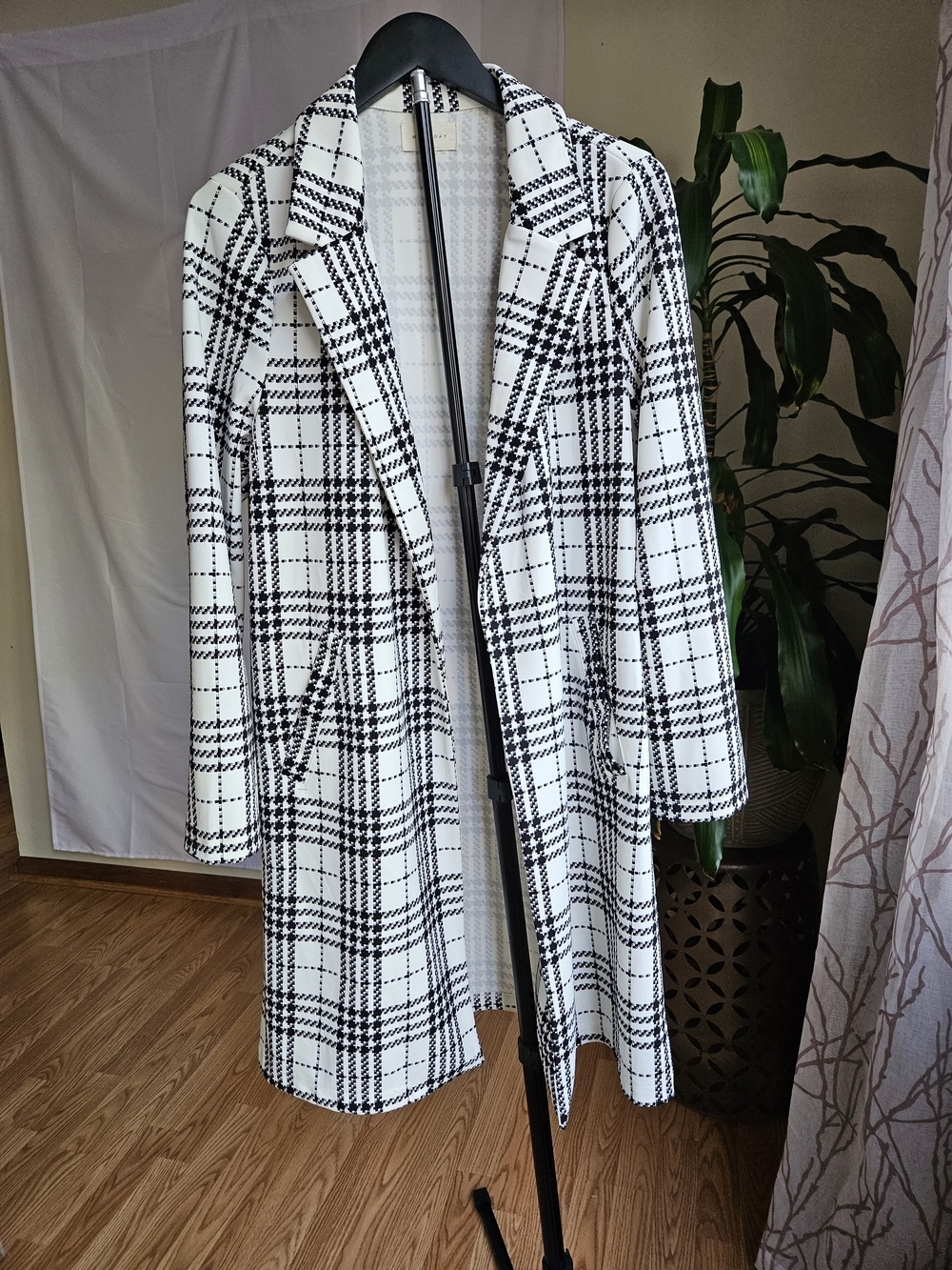 MELLODAY Black White Plaid Open Front Longline Jacket Coat - Picture 16 of 16